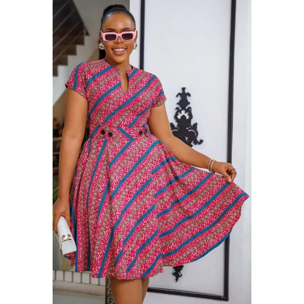 Mae Otti Dress Womens 2XL African Print Knee Length V Neck Back Zip XC Fast Ship - Picture 1 of 12